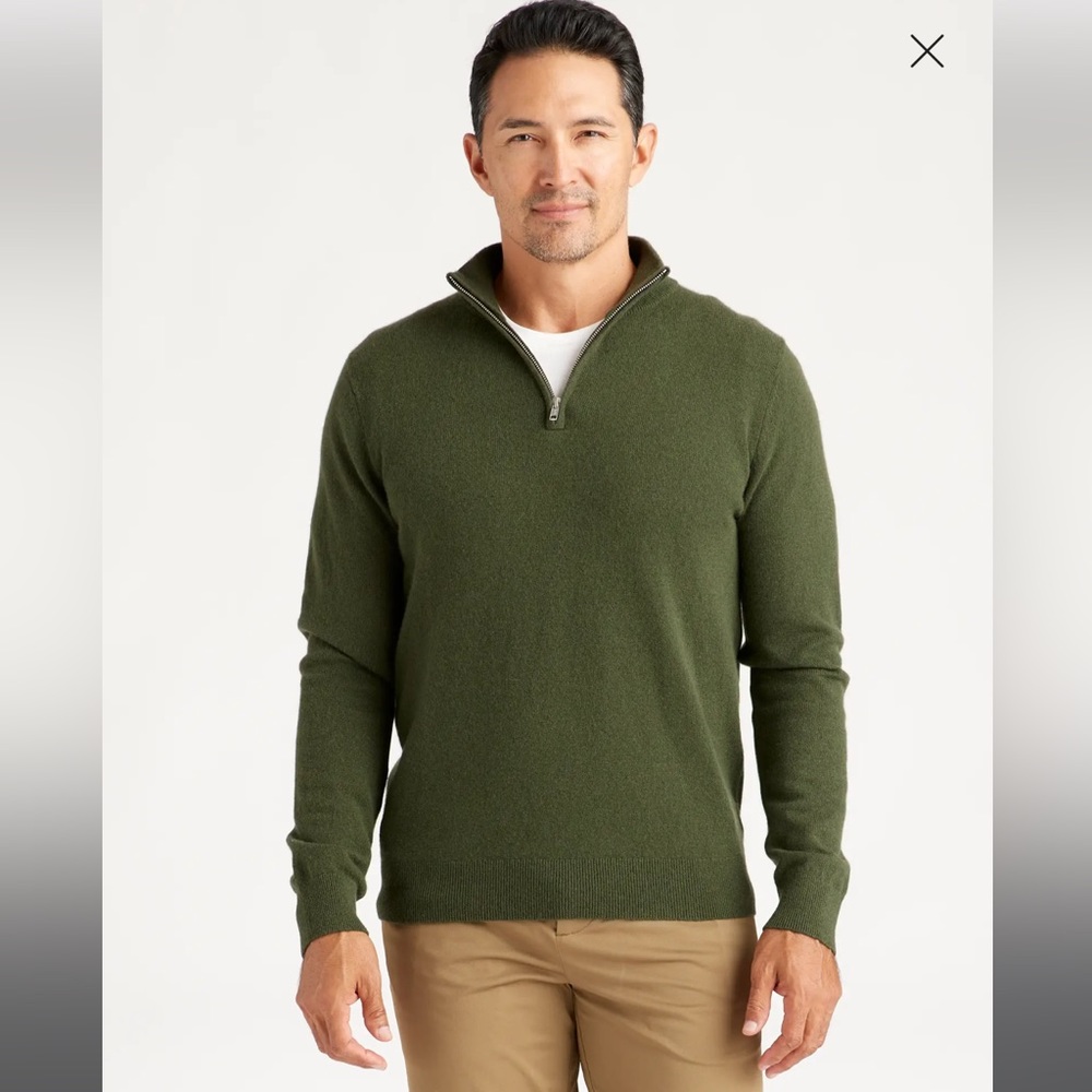 Men’s Mongolian Cashmere Quarter Zip Sweater, Olive, Size Medium, Preloved
